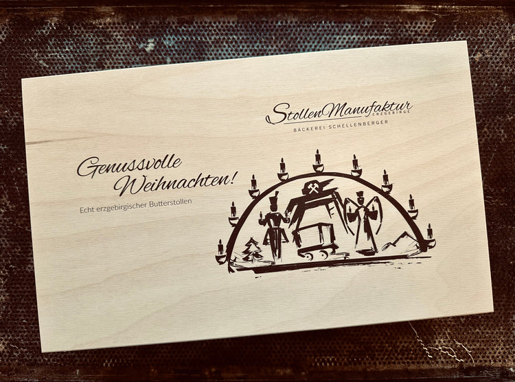 Holzkisten "Genussvolle Weihnachten" für Rosinenstollen ungezuckert eigene Herstellung